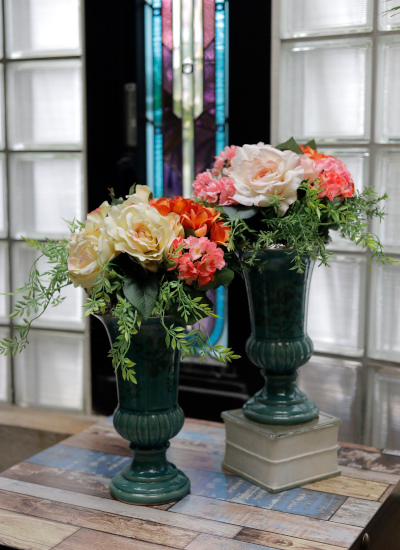 いつまでも美しいアートフラワー ブルーベース ピンクローズ イエローローズ